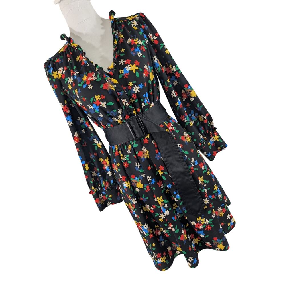 NWOT! KATE SPADE! BLACK W/ RED, YELLOW, GREEN, BLUE FLOWERS POUF SLEEVE DRESS! 6